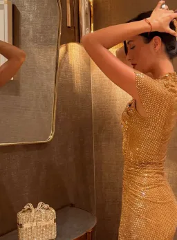 SELF PORTRAIT GOLD RHINESTONE DRAPE MIDI DRESS in Gold UK 4 - Fits AU 6 for rent on The Volte - image 5