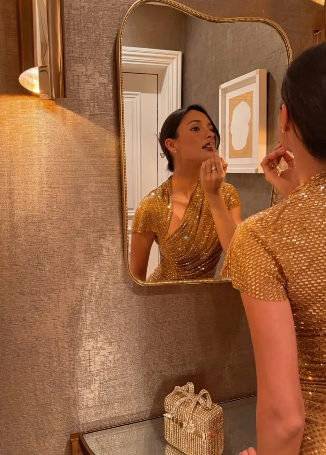 SELF PORTRAIT GOLD RHINESTONE DRAPE MIDI DRESS in Gold UK 4 - Fits AU 6 for rent on The Volte - main image