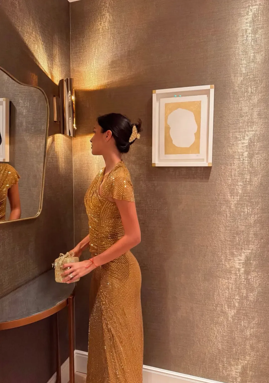 SELF PORTRAIT GOLD RHINESTONE DRAPE MIDI DRESS in Gold UK 4 - Fits AU 6 for rent on The Volte - main image