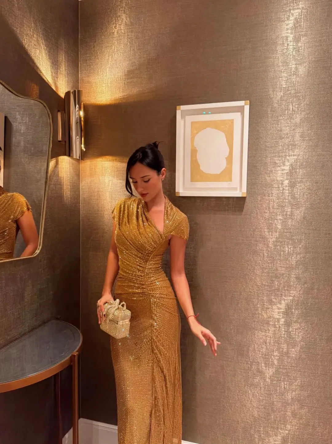 SELF PORTRAIT GOLD RHINESTONE DRAPE MIDI DRESS in Gold UK 4 - Fits AU 6 for rent on The Volte - main image