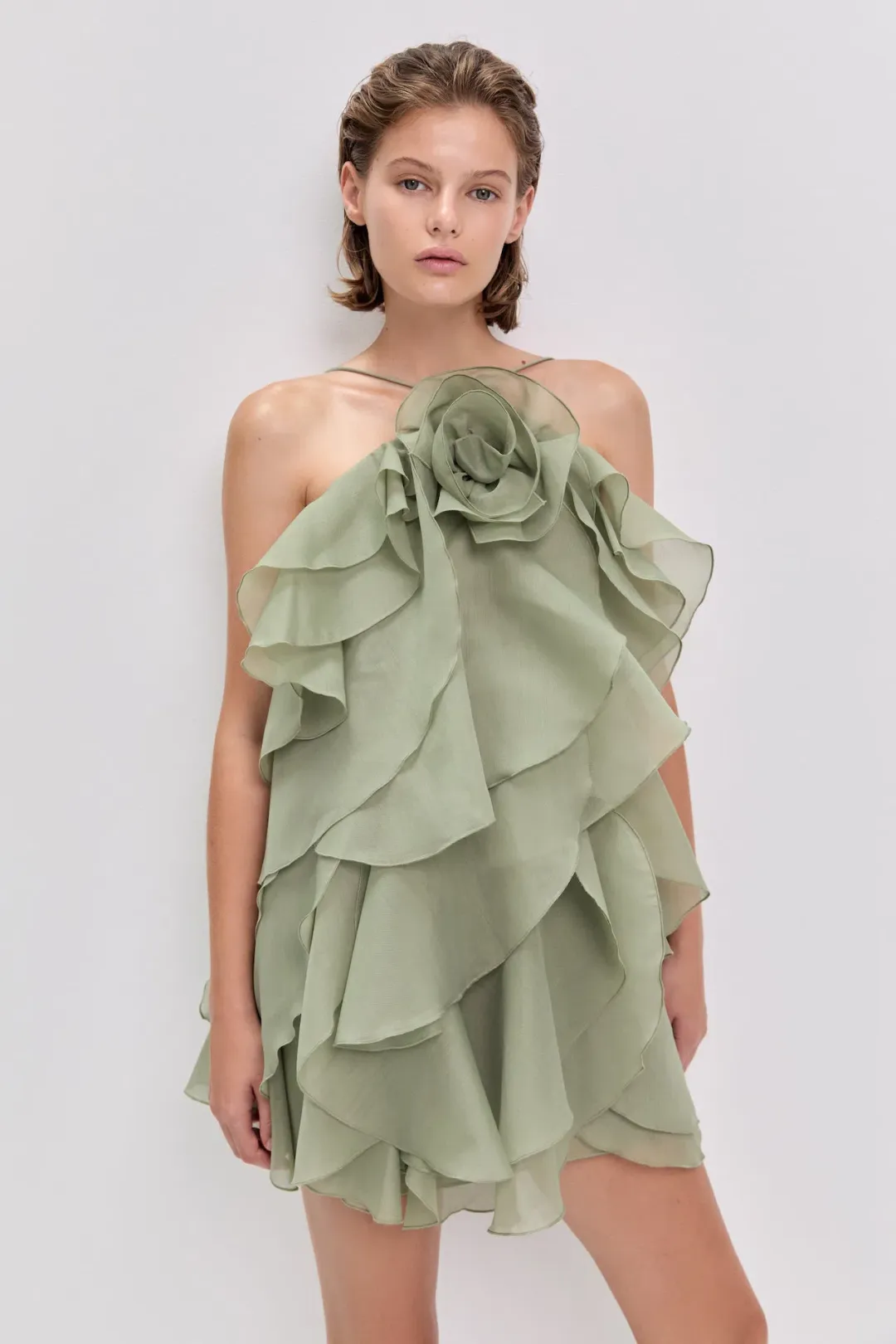 Aje Pandorea Layered Mini Dress in Moss Green Size 6 for rent on The Volte - main image