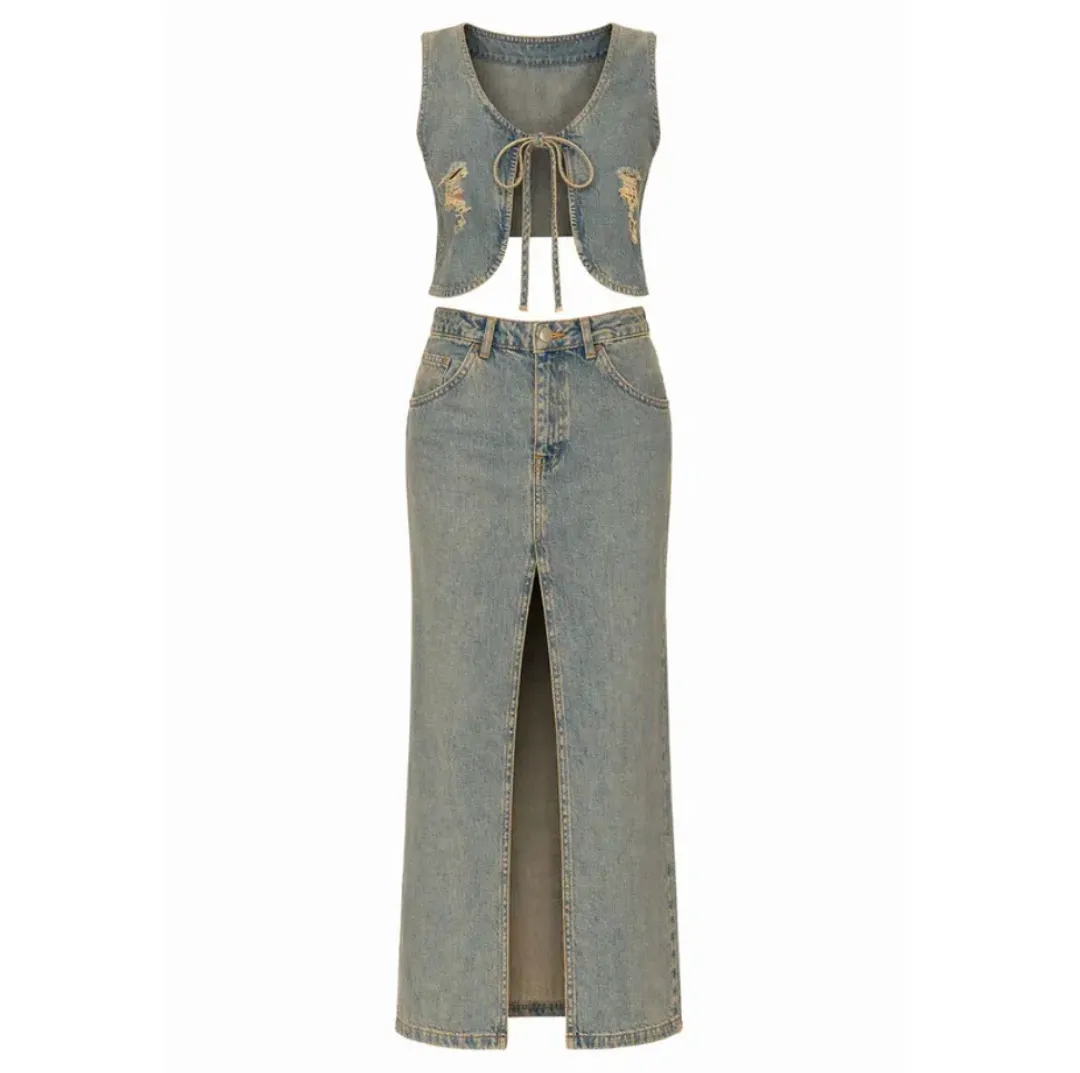 Miaou Chani Top & Rowan Skirt Set Green Acid Denim for rent on The Volte - main image