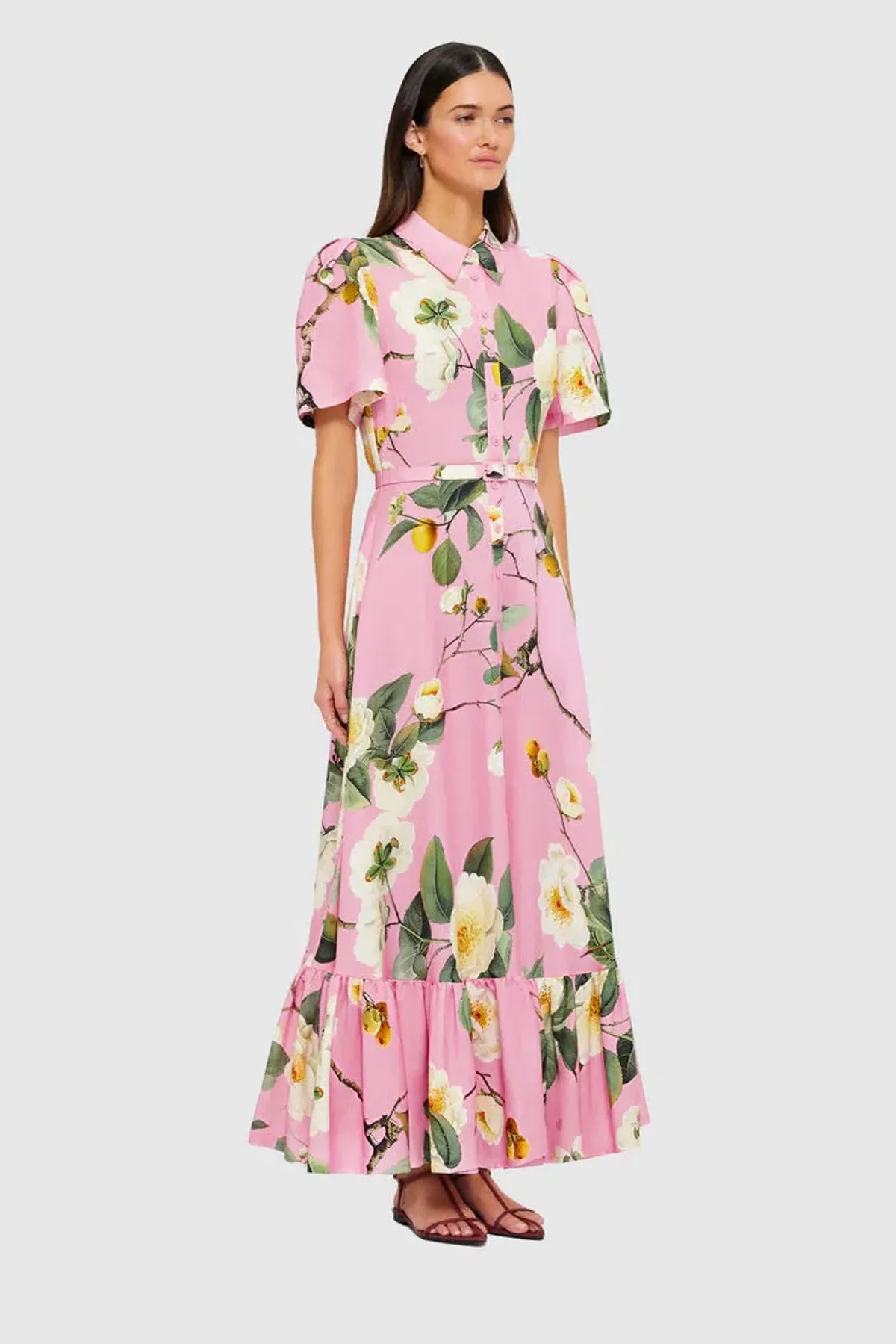 Leo Lin Becca Short Sleeve Midi Dress - Camelia Print for rent on The Volte - main image