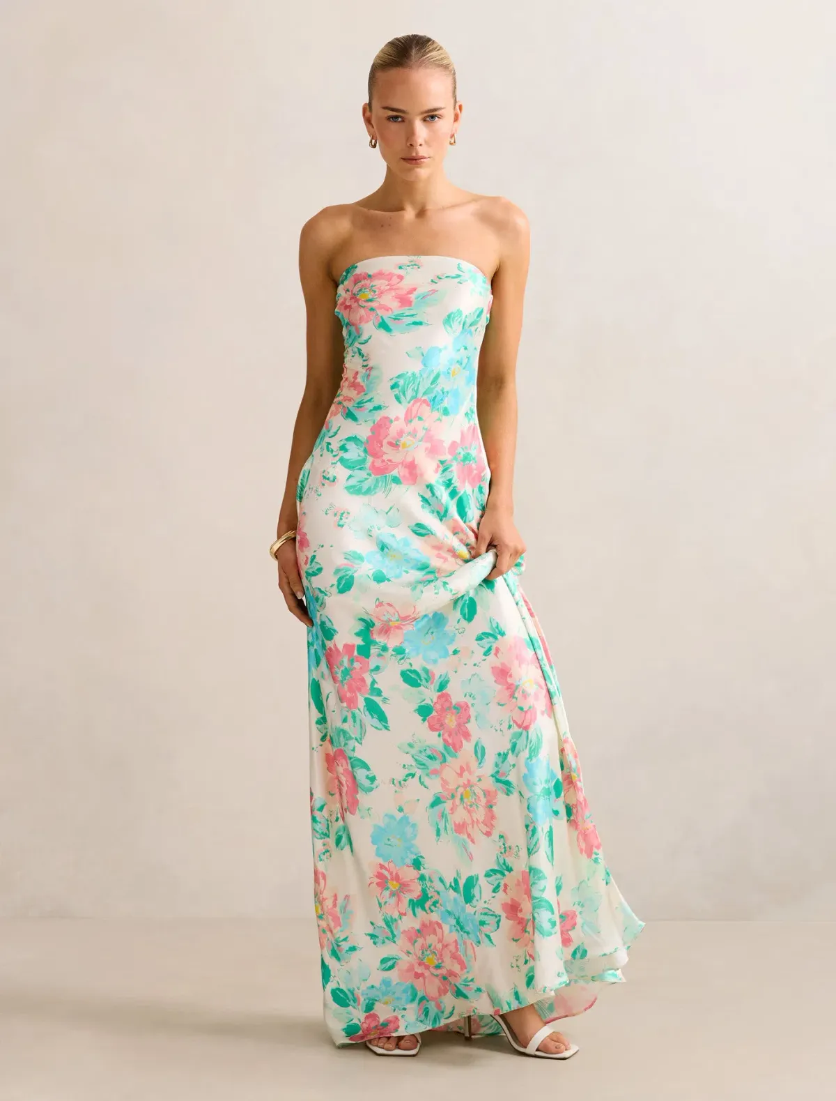 Forever New Kai Strapless Satin Maxi Dress in Fable Floral for rent on The Volte - main image