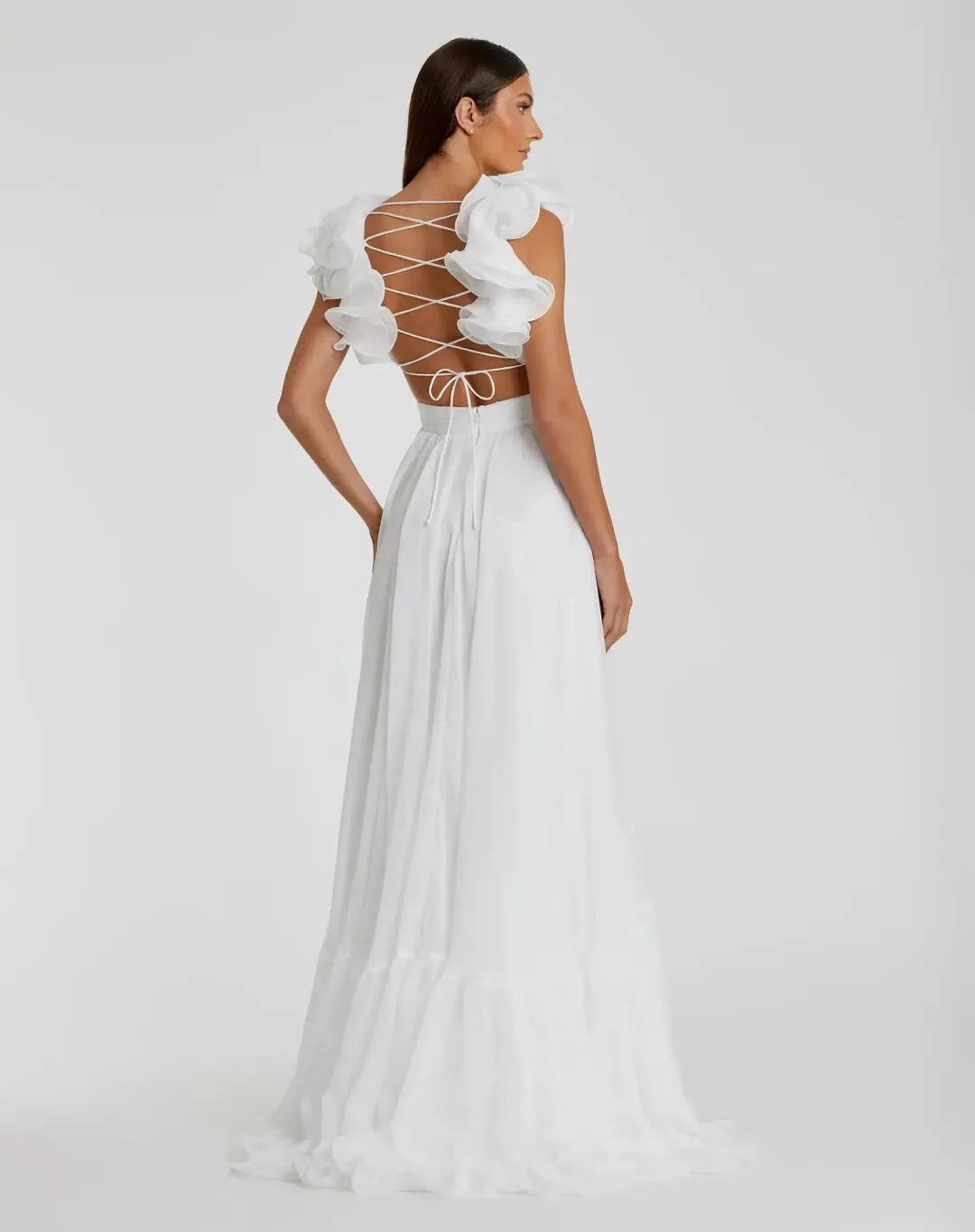 MAC DUGGAL - White Ruffle Tiered Cut-Out Chiffon Gown: Size US 4 / Au 8 for rent on The Volte - main image