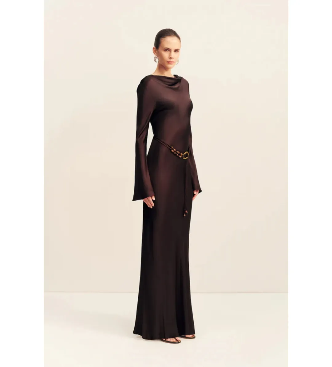 Shona Joy Agnes Long Sleeves Maxi Dress With Belt in Espresso Size AU10 for rent on The Volte - main image