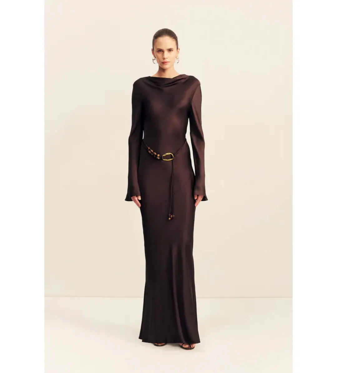Shona Joy Agnes Long Sleeves Maxi Dress With Belt in Espresso Size AU10 for rent on The Volte - main image