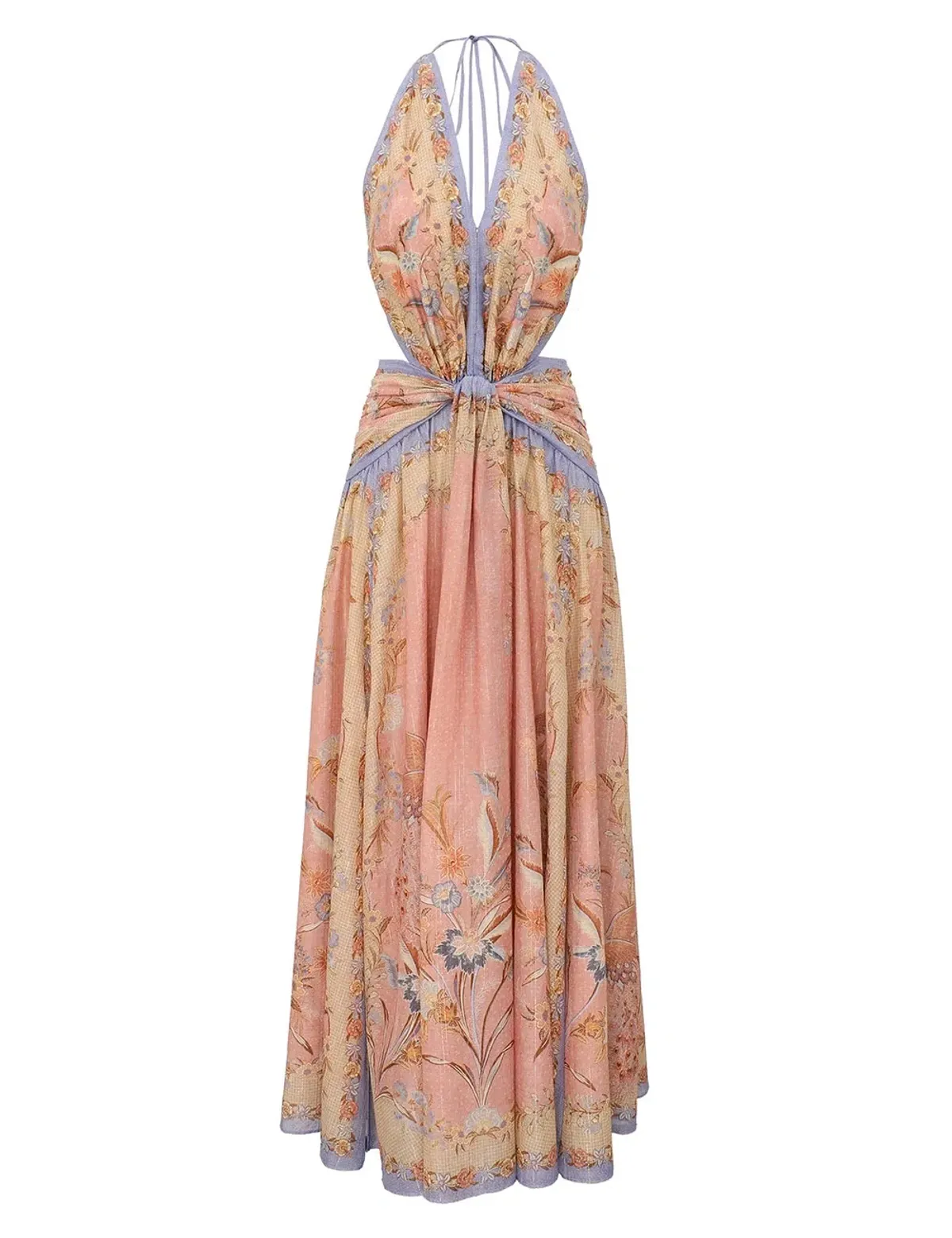 Zimmermann Indra Plunge Halter Maxi Dress Pink Scarf Floral Size 2 for rent on The Volte - main image