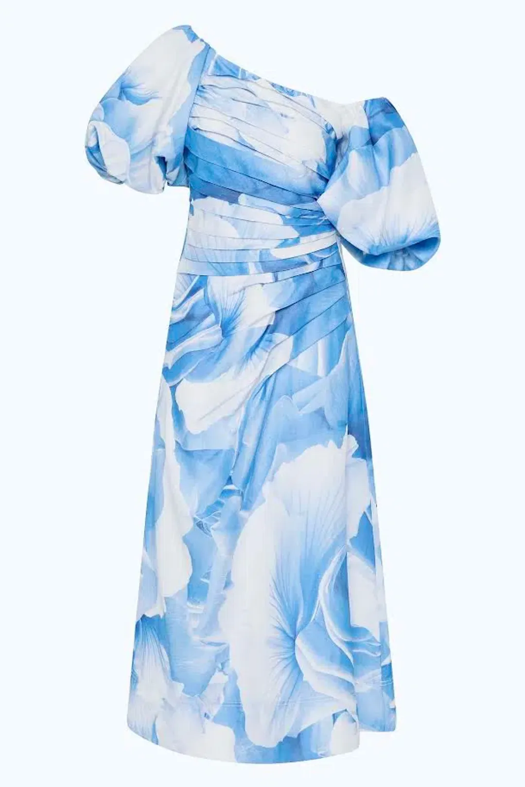 🩵 NEW Aje Cadence Ruched Midi Dress – Prismatic Floral Light Blue – Size AU 10 🩵 for rent on The Volte - main image