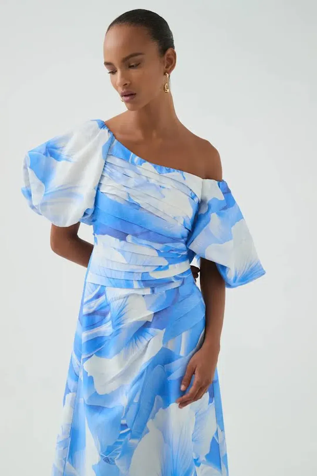 🩵 NEW Aje Cadence Ruched Midi Dress – Prismatic Floral Light Blue – Size AU 10 🩵 for rent on The Volte - main image