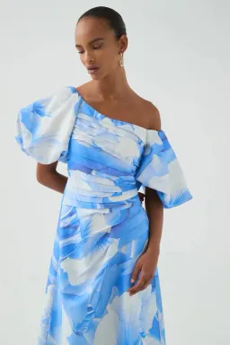 🩵 NEW Aje Cadence Ruched Midi Dress – Prismatic Floral Light Blue – Size AU 10 🩵 for rent on The Volte - image 8
