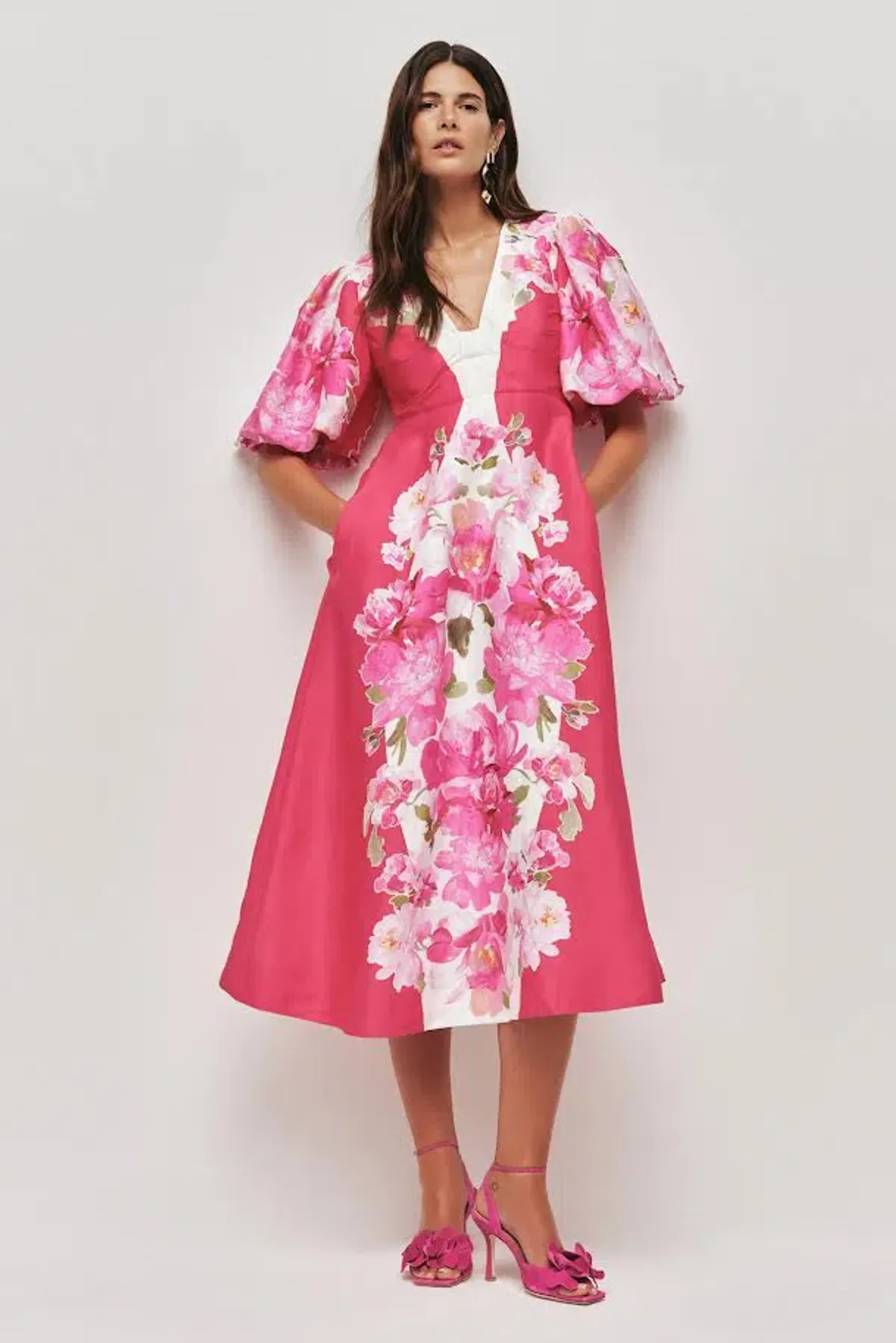 🩷 AJE Overflow Knotted Floral Midi Dress in 'Rosa Bold' Pink – Size AU 10 🩷 for rent on The Volte - main image