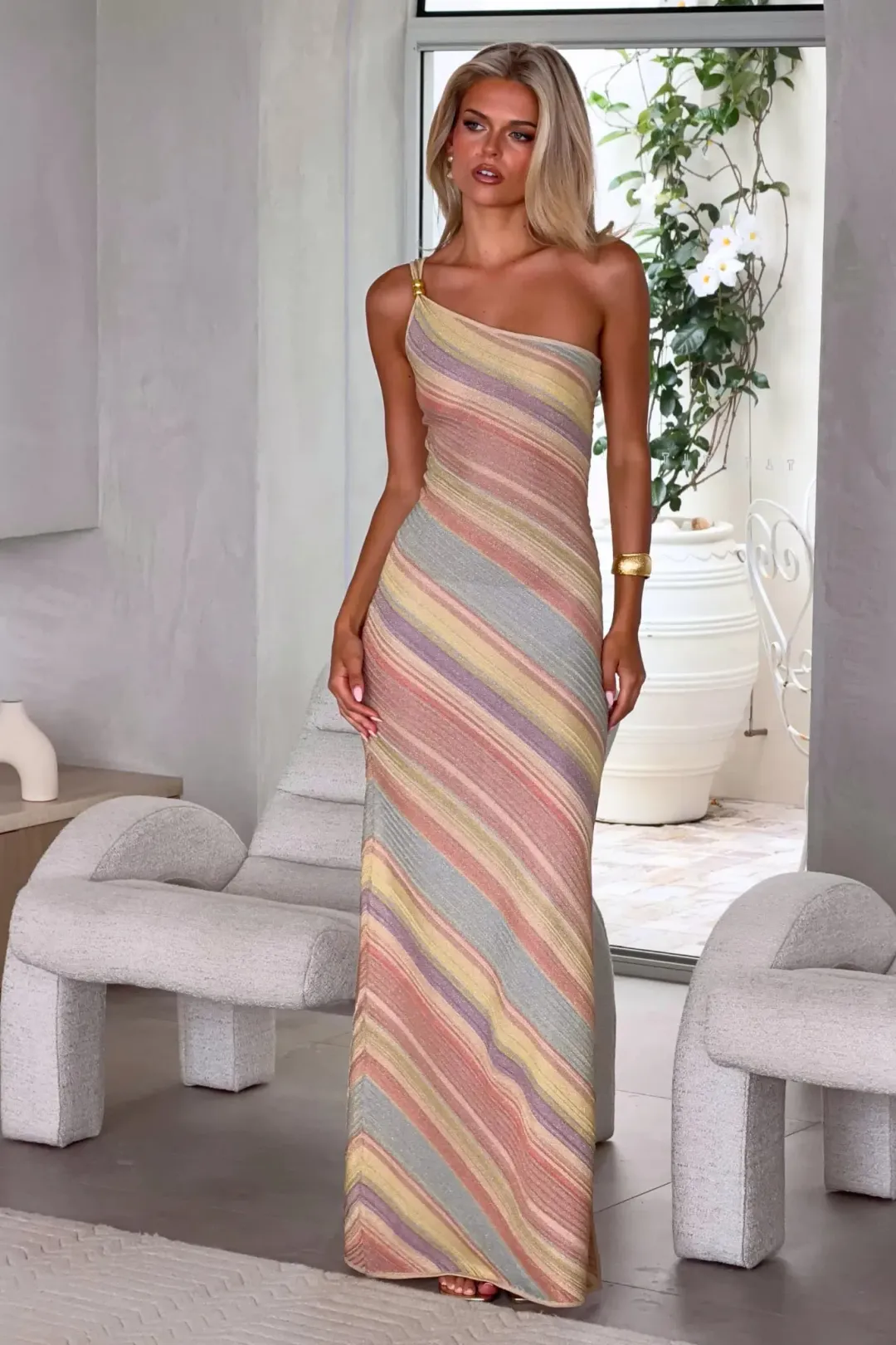 Kapri - Milan Maxi Dress | Pastel Striped Knit for rent on The Volte - main image