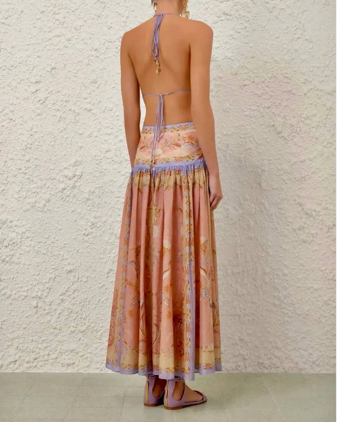 Zimmermann Indra Plunge Halter Maxi Dress Pink Scarf Floral s0 for rent on The Volte - main image