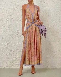 Zimmermann Indra Plunge Halter Maxi Dress Pink Scarf Floral s0 for rent on The Volte - image 1