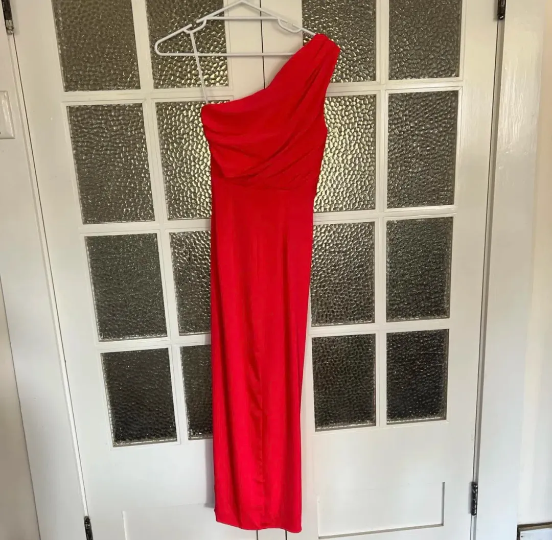 Sheike Kennedy one-shoulder draped maxi dress in raspberry. Size 6 for rent on The Volte - main image