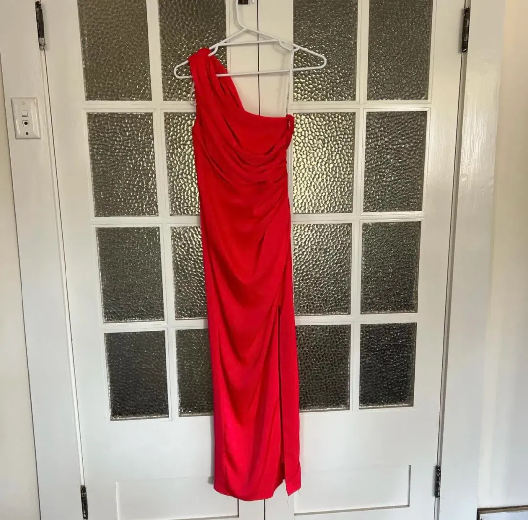 Sheike Kennedy one-shoulder draped maxi dress in raspberry. Size 6 for rent on The Volte - main image