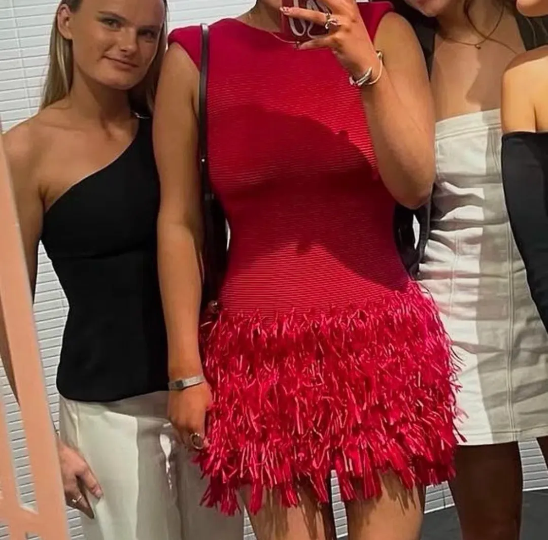 aje rushes raffia knit mini dress deep fuschia size XS  for rent on The Volte - main image