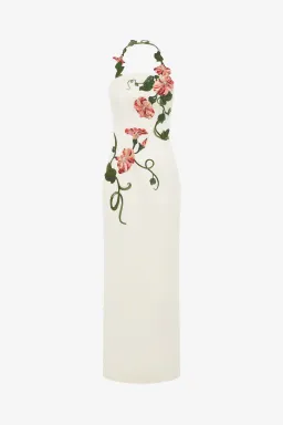 Leo Lin Ava  Halterneck Appliqué Floral Bustier Maxi Dress Vine Print in Snow Size 6 for rent on The Volte - image 1