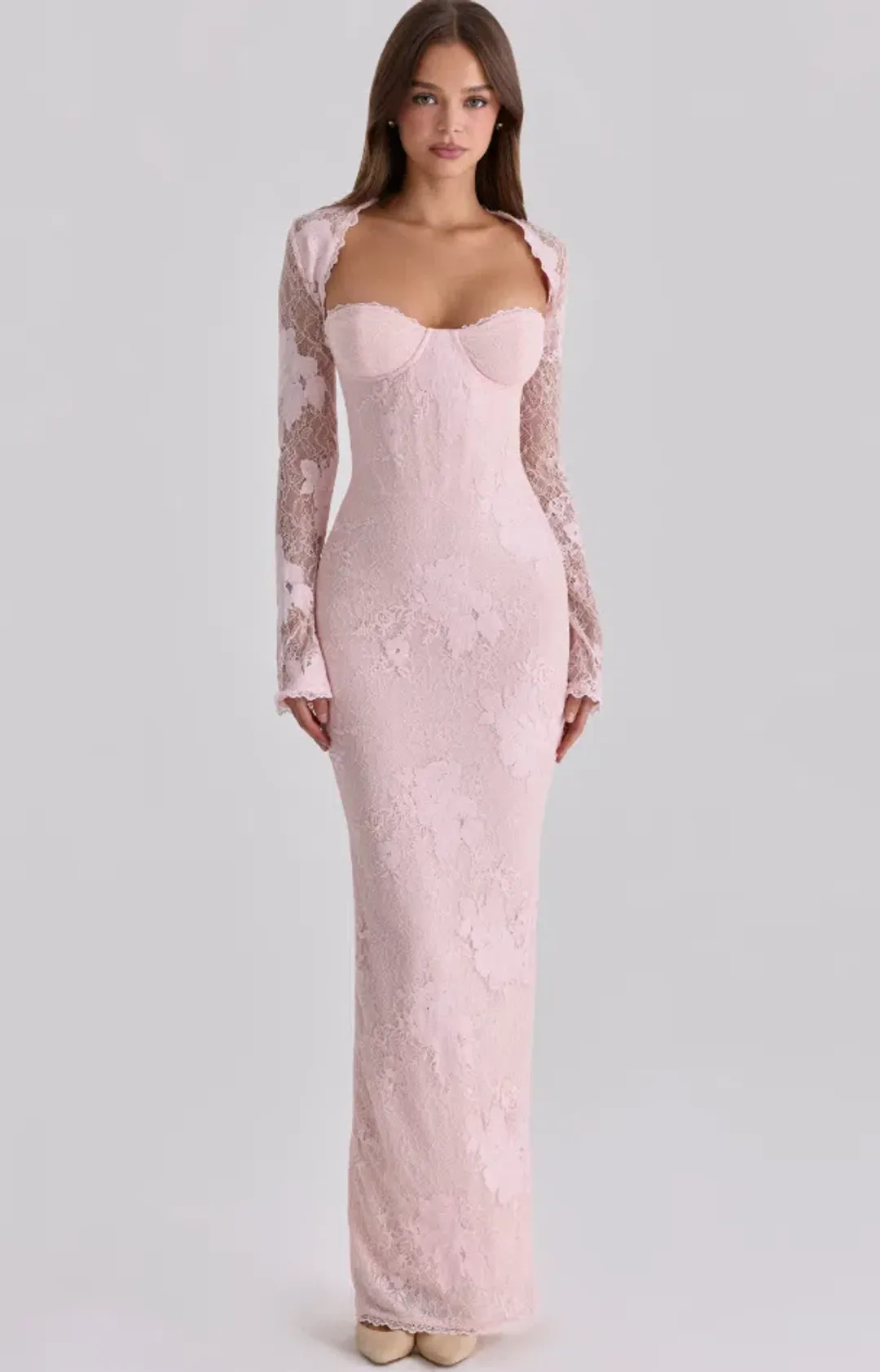 House of CB Lucienne pink lace maxi dress Regular Cup Size S for rent on The Volte - main image