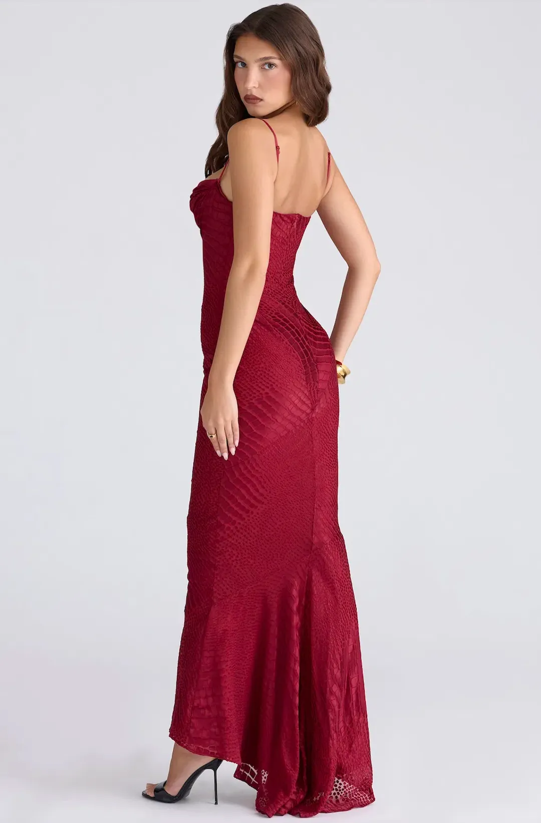 Nalani Deep Red Devoré Satin Maxi Gown Size M / AU 10 for rent on The Volte - main image