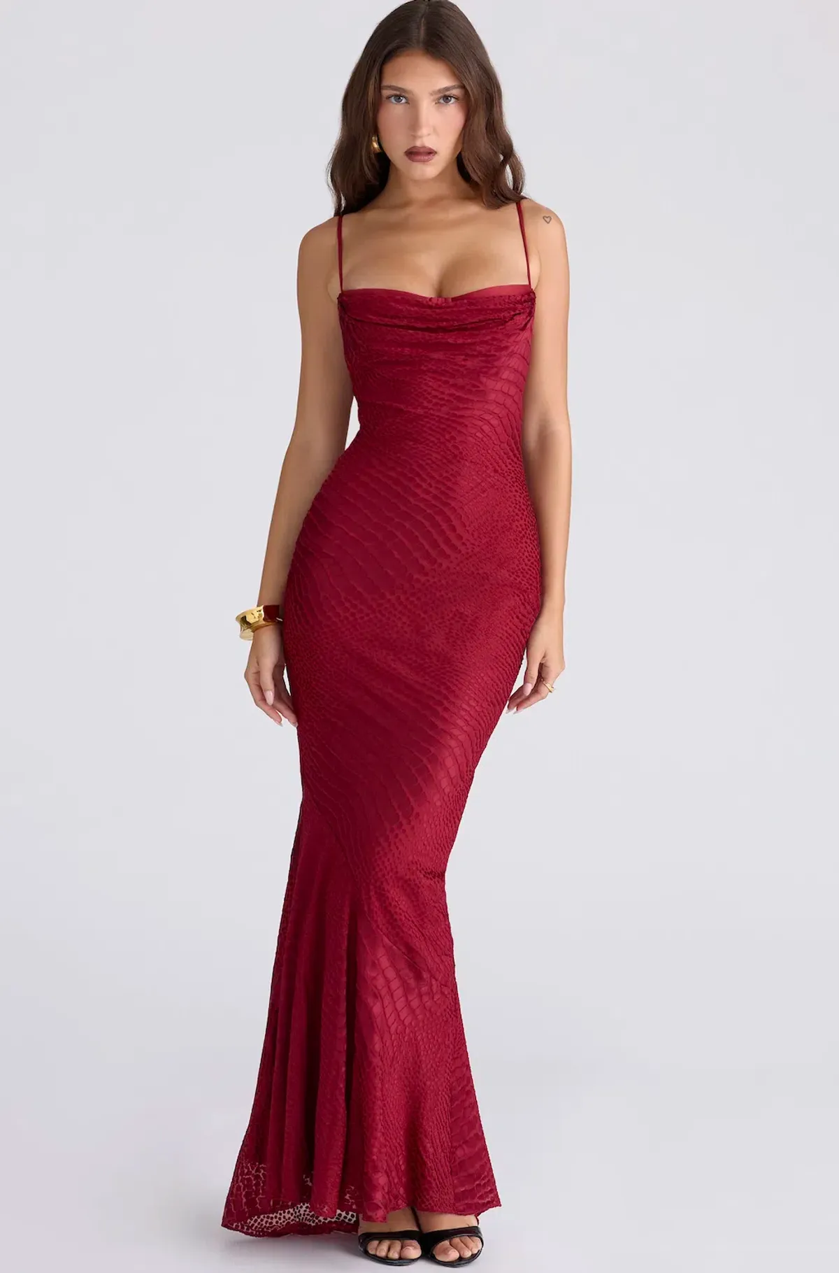 Nalani Deep Red Devoré Satin Maxi Gown Size M / AU 10 for rent on The Volte - main image