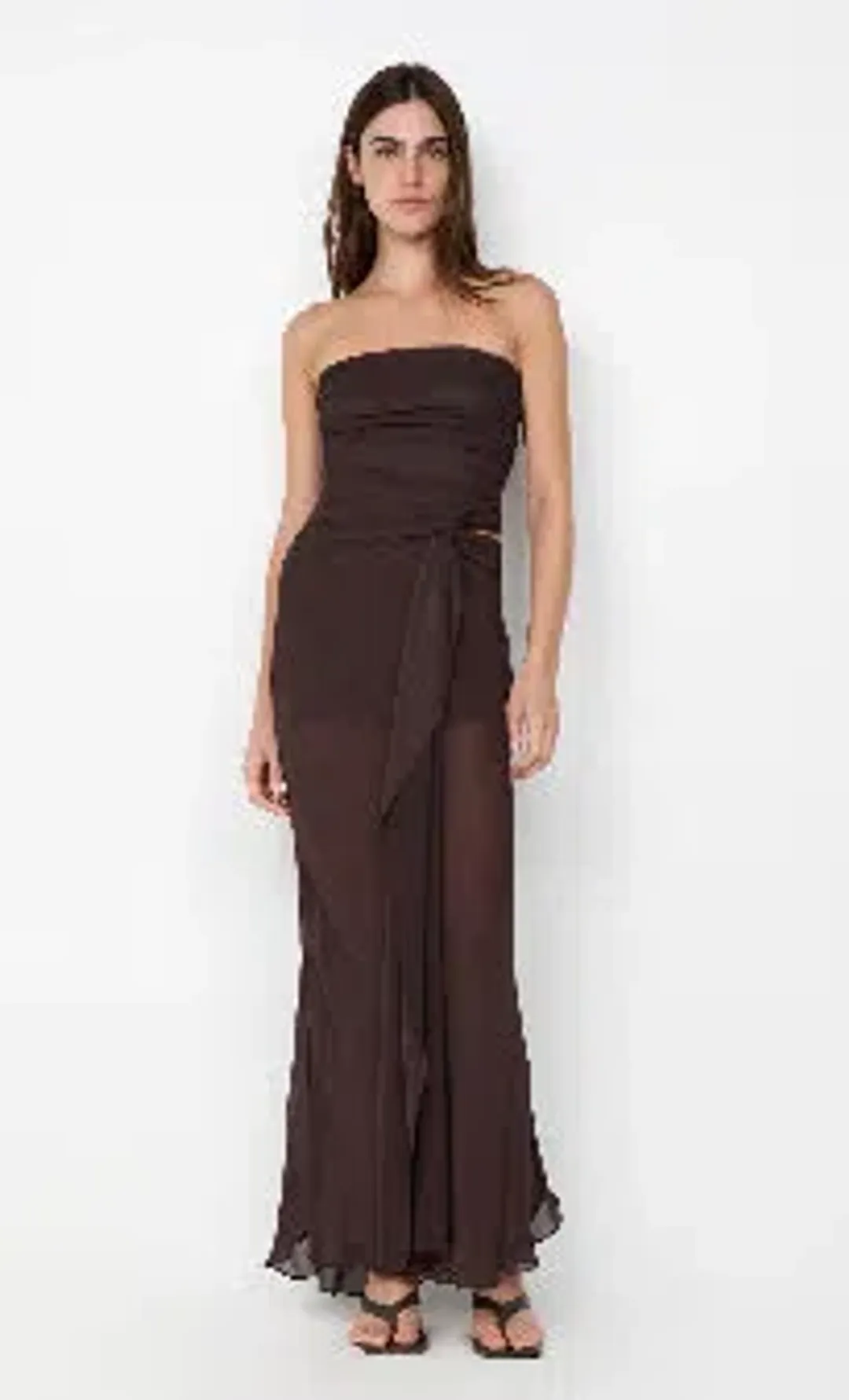 🤎 BEC and BRIDGE Jehnaya Strapless Maxi Dress – Dark Chocolate Brown – Size AU 10 🤎 for rent on The Volte - main image