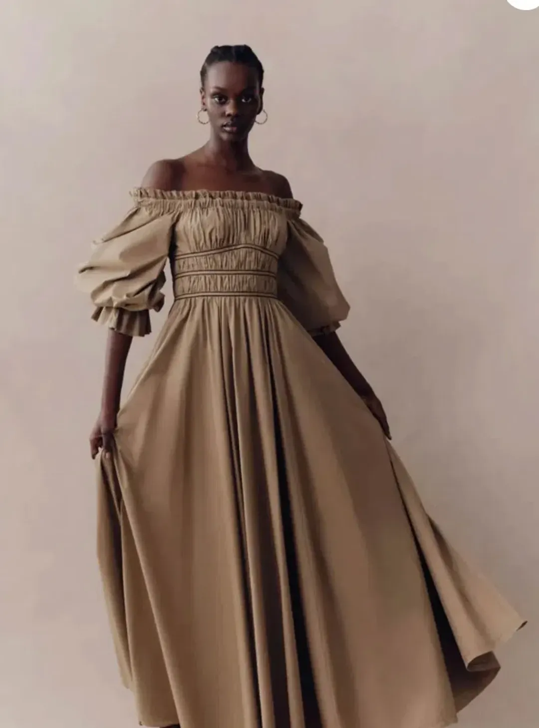 Aje Wattle Off Shoulder Midi Dress Taupe size 12 for rent on The Volte - main image