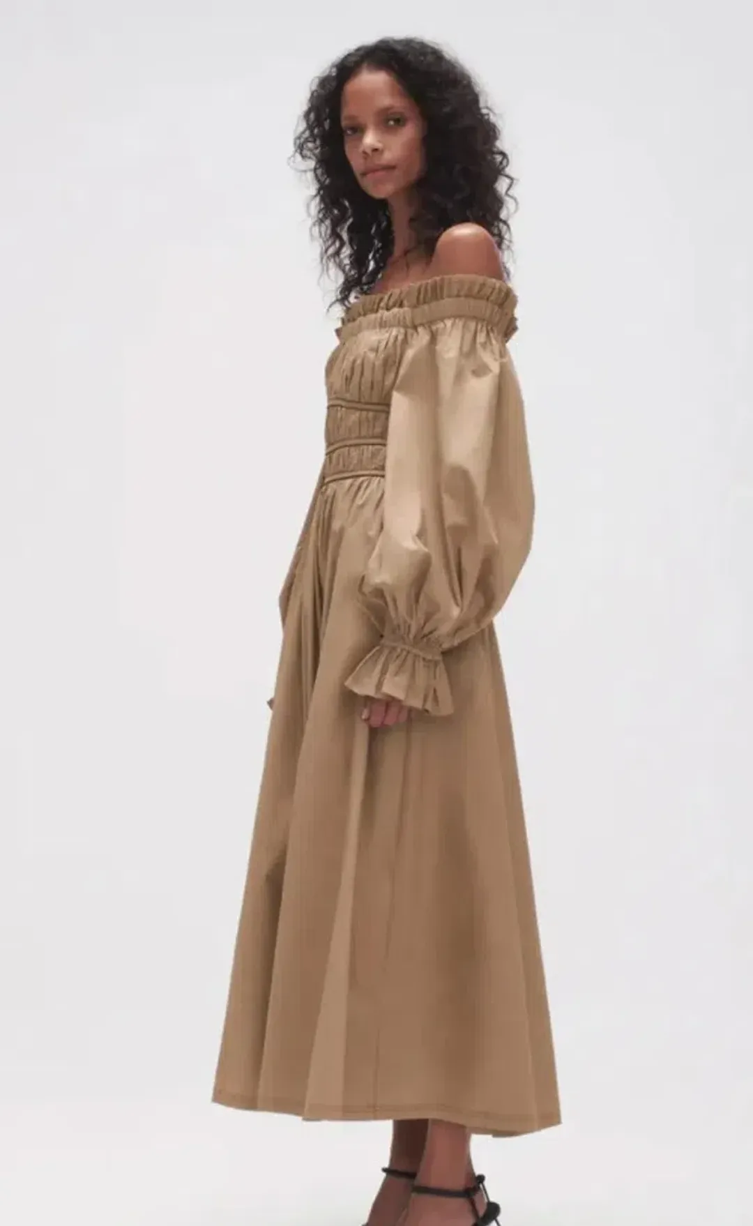 Aje Wattle Off Shoulder Midi Dress Taupe size 12 for rent on The Volte - main image