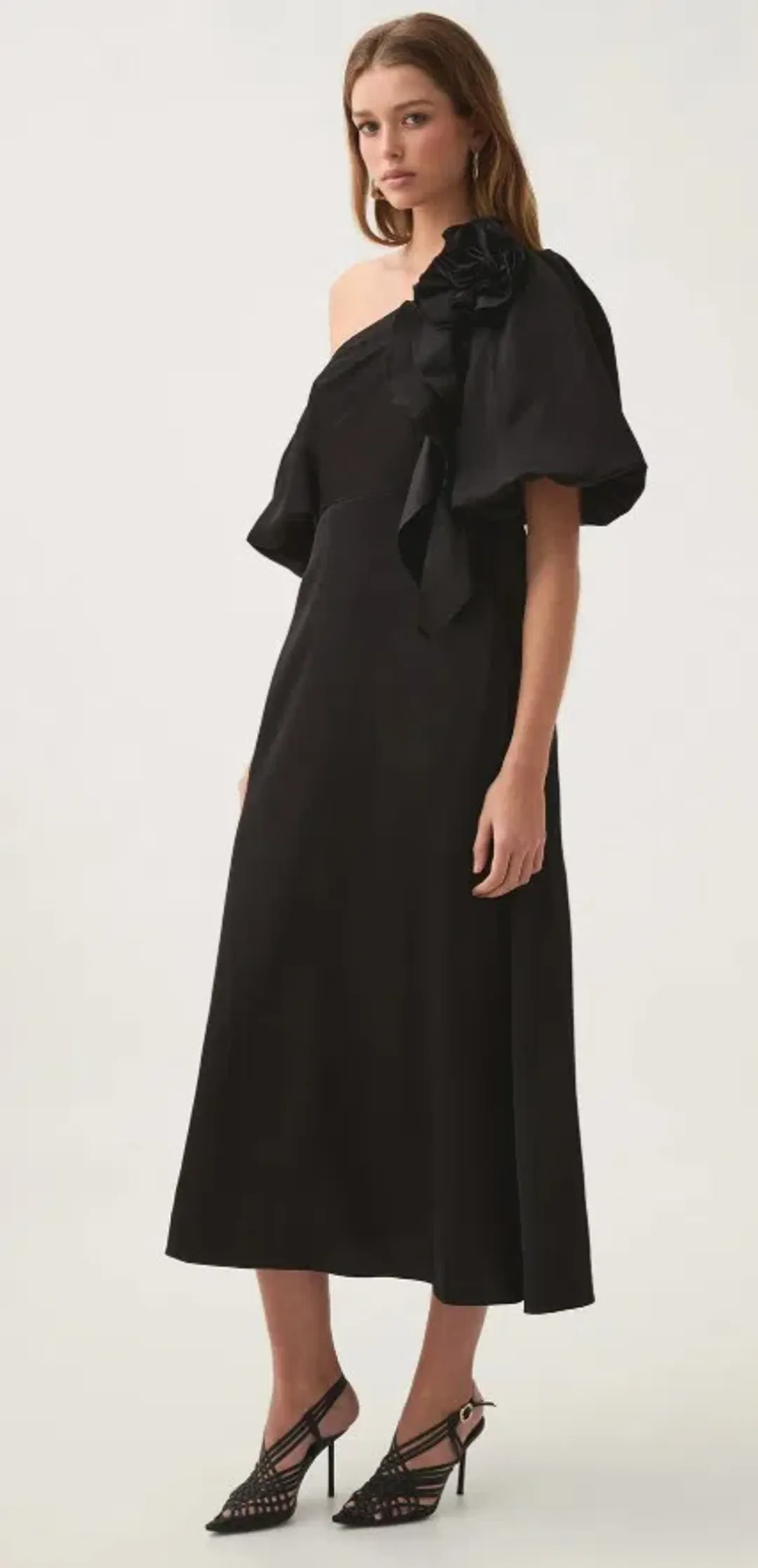 Aje Magnetic Draped Midi Dress Black size 8 for rent on The Volte - main image