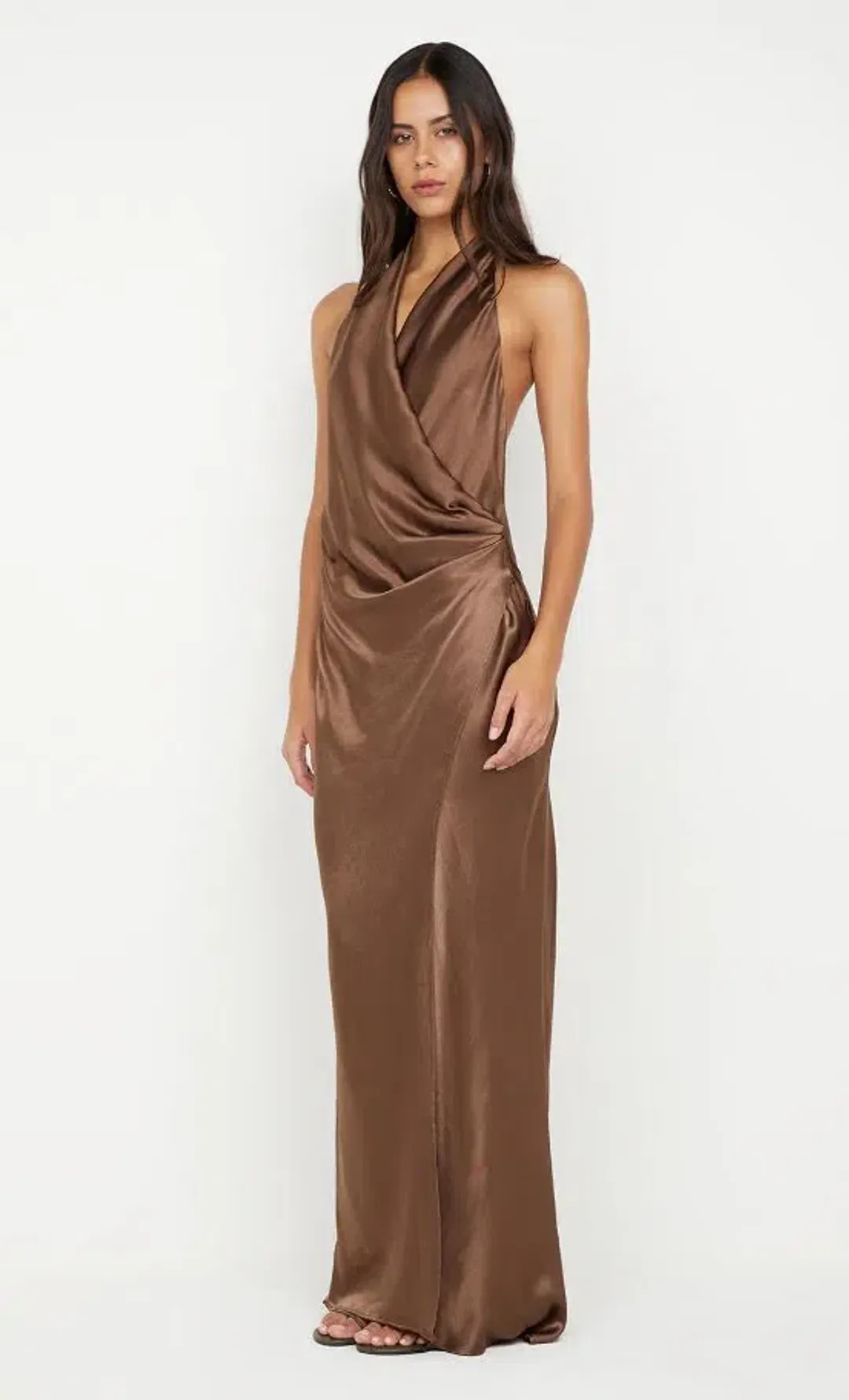  🤎 Bec and Bridge Elisia Wrap Maxi Dress in Milk Chocolate Brown - Size 10 AU Satin formal gown🤎  for rent on The Volte - main image