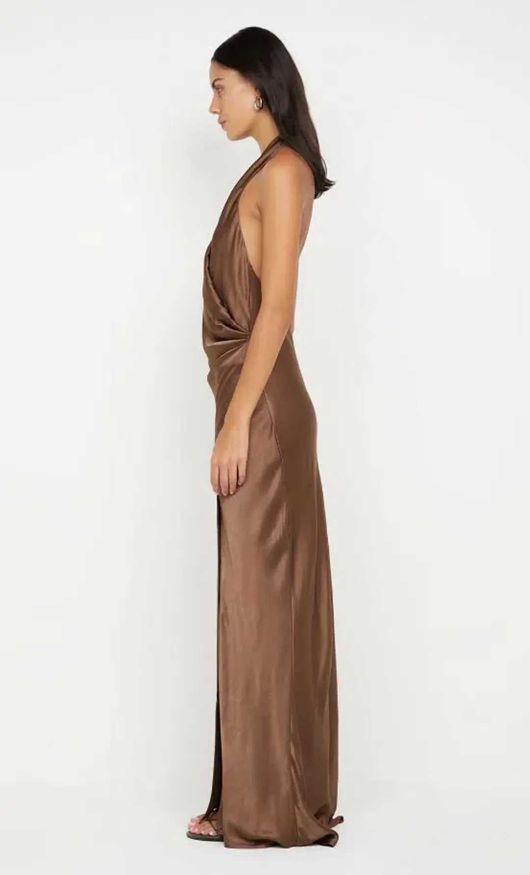  🤎 Bec and Bridge Elisia Wrap Maxi Dress in Milk Chocolate Brown - Size 10 AU Satin formal gown🤎  for rent on The Volte - main image