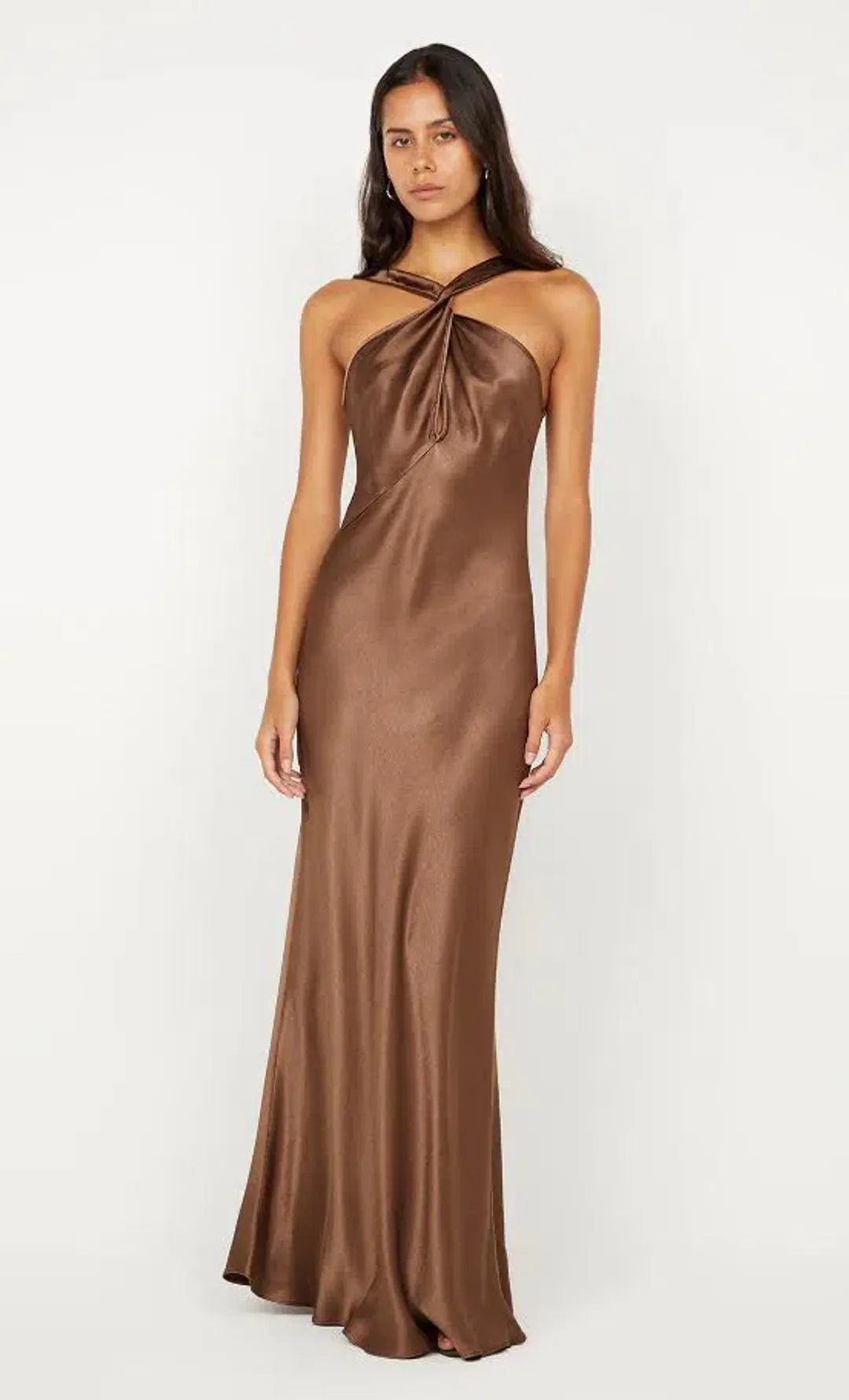 🤎 BEC + BRIDGE Elisia Twist Satin Maxi Dress – Milk Chocolate Brown – Size AU 8 🤎 for rent on The Volte - main image