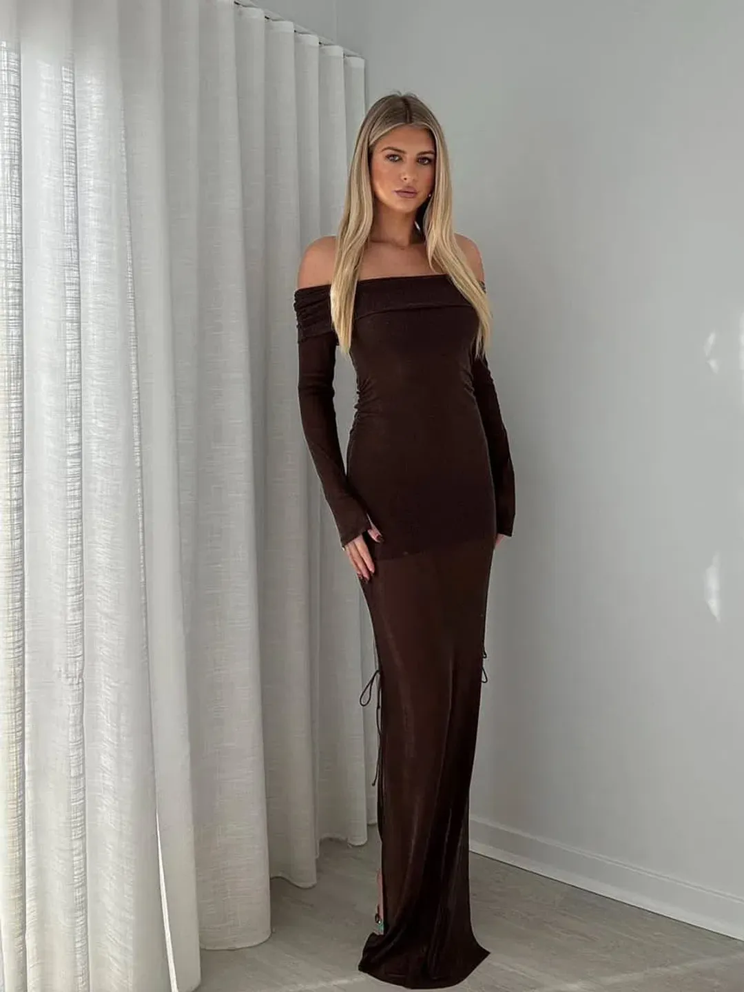BENNI Blaire Maxi Dress Gown In Sparkle Brown | Size AU 12 for rent on The Volte - main image