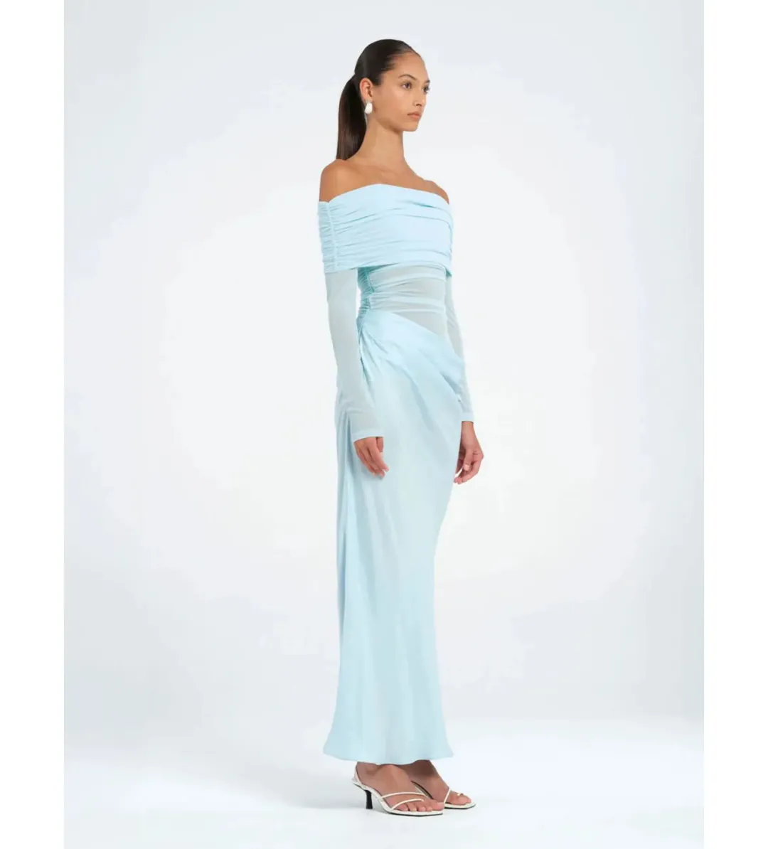 Benni Yasmin Off Shoulder Maxi Dress in Baby Blue Size AU8 for rent on The Volte - main image