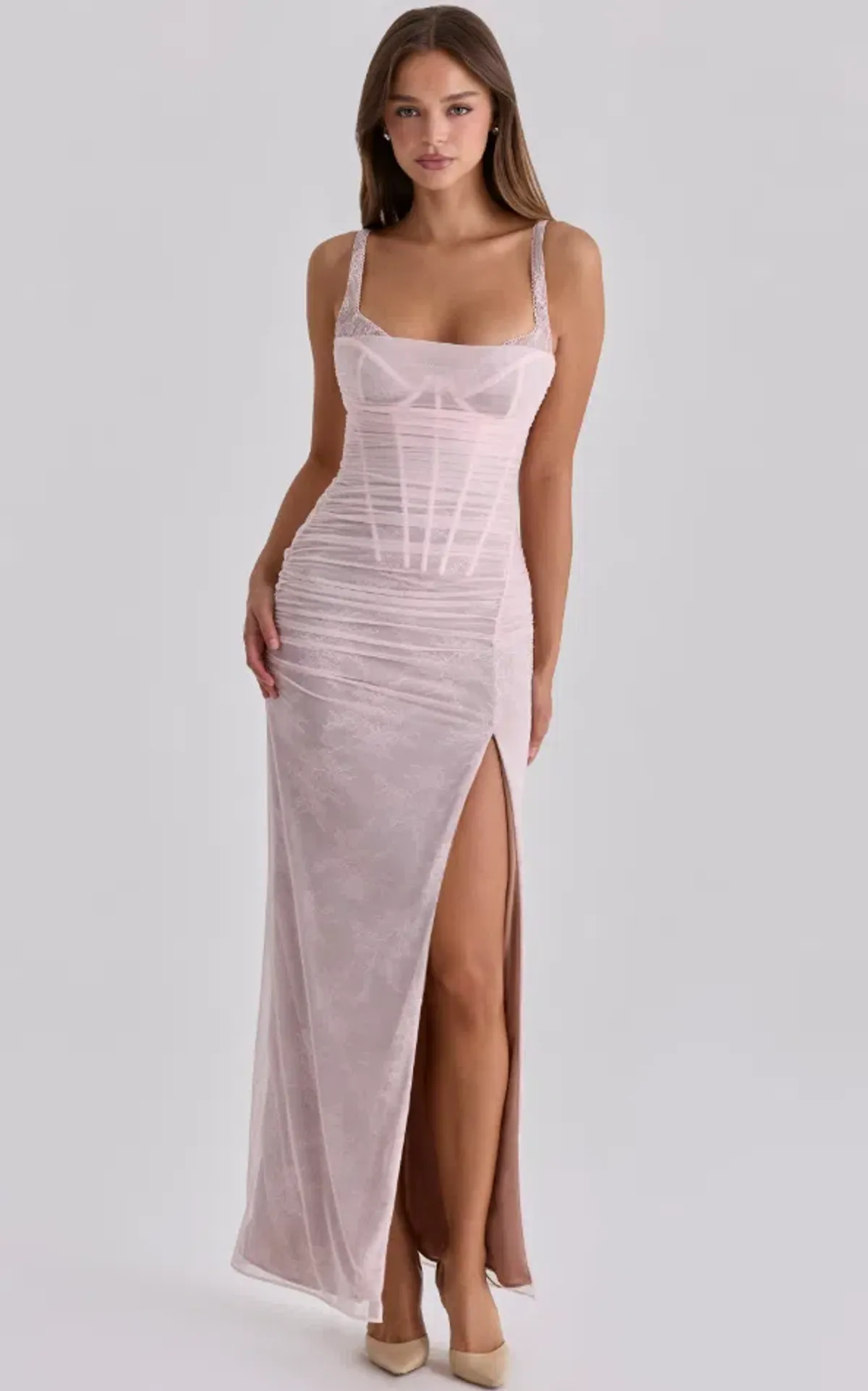 House of CB Lini baby pink lace mesh maxi dress Regular Cup Size L for rent on The Volte - main image