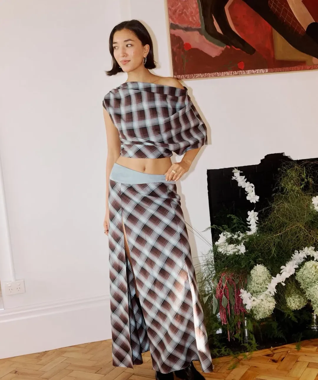 Desi Top and Skirt Set in Haze Check for rent on The Volte - main image