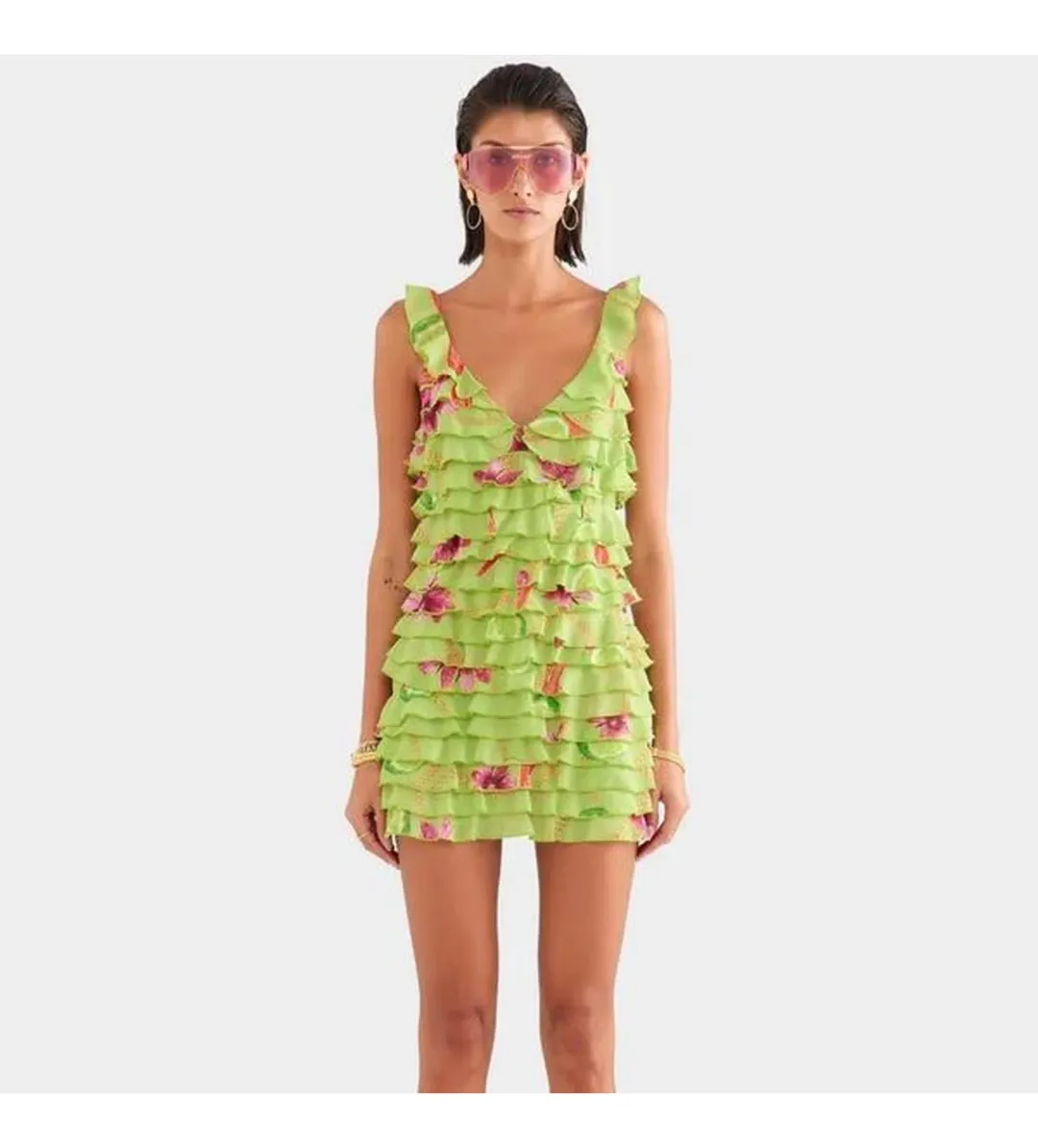 Venroy Ruffle Mini Dress in Lime Chilli Chain Size XS/AU 6 for rent on The Volte - main image