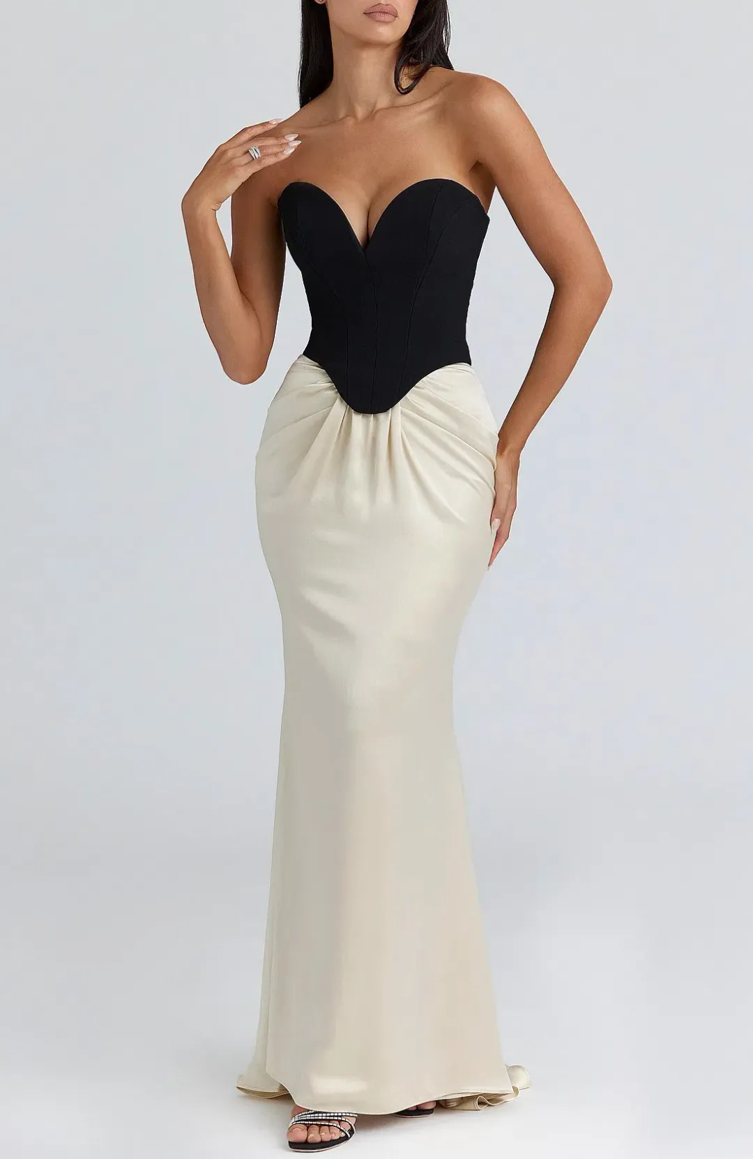 Black & Champagne Corset Maxi Gown for rent on The Volte - main image