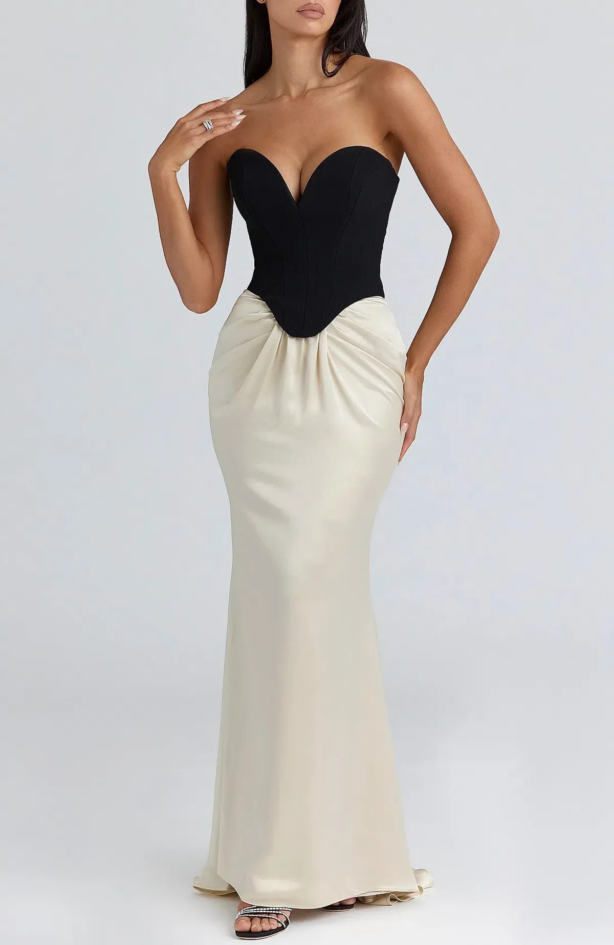 Black & Champagne Corset Maxi Gown for rent on The Volte - main image