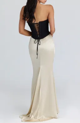 Black & Champagne Corset Maxi Gown for rent on The Volte - image 3