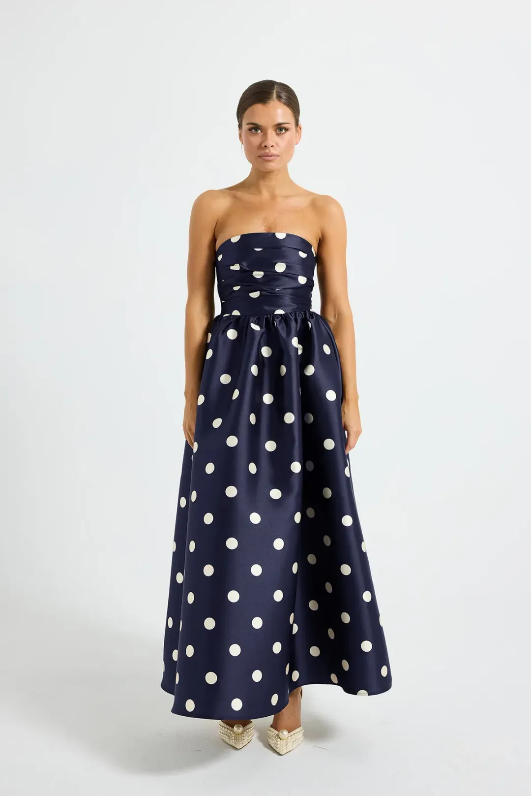 Pasduchas Dottie Strapless Midi Dress in Navy/Cream Size AU 14 for rent on The Volte - main image