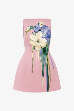 Leo Lin Ali Embroidered Boat Neck Mini Dress Bouquet Print in Pastel Pink Size 10 for rent on The Volte - image 1