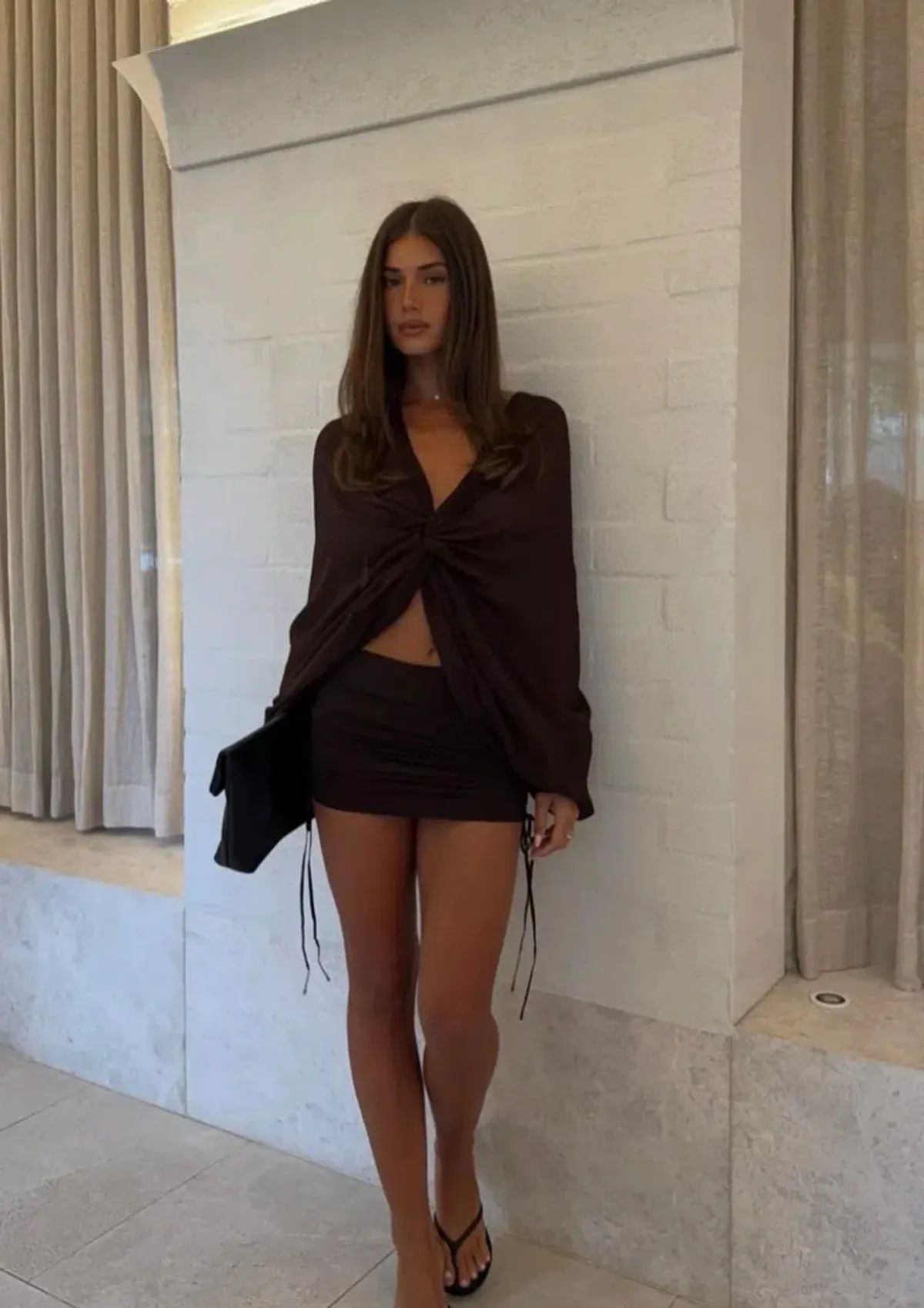 Venroy Twisted Bodice Silk Mini Dress in Dark Chocolate Brown Size S / AU 8 for rent on The Volte - main image
