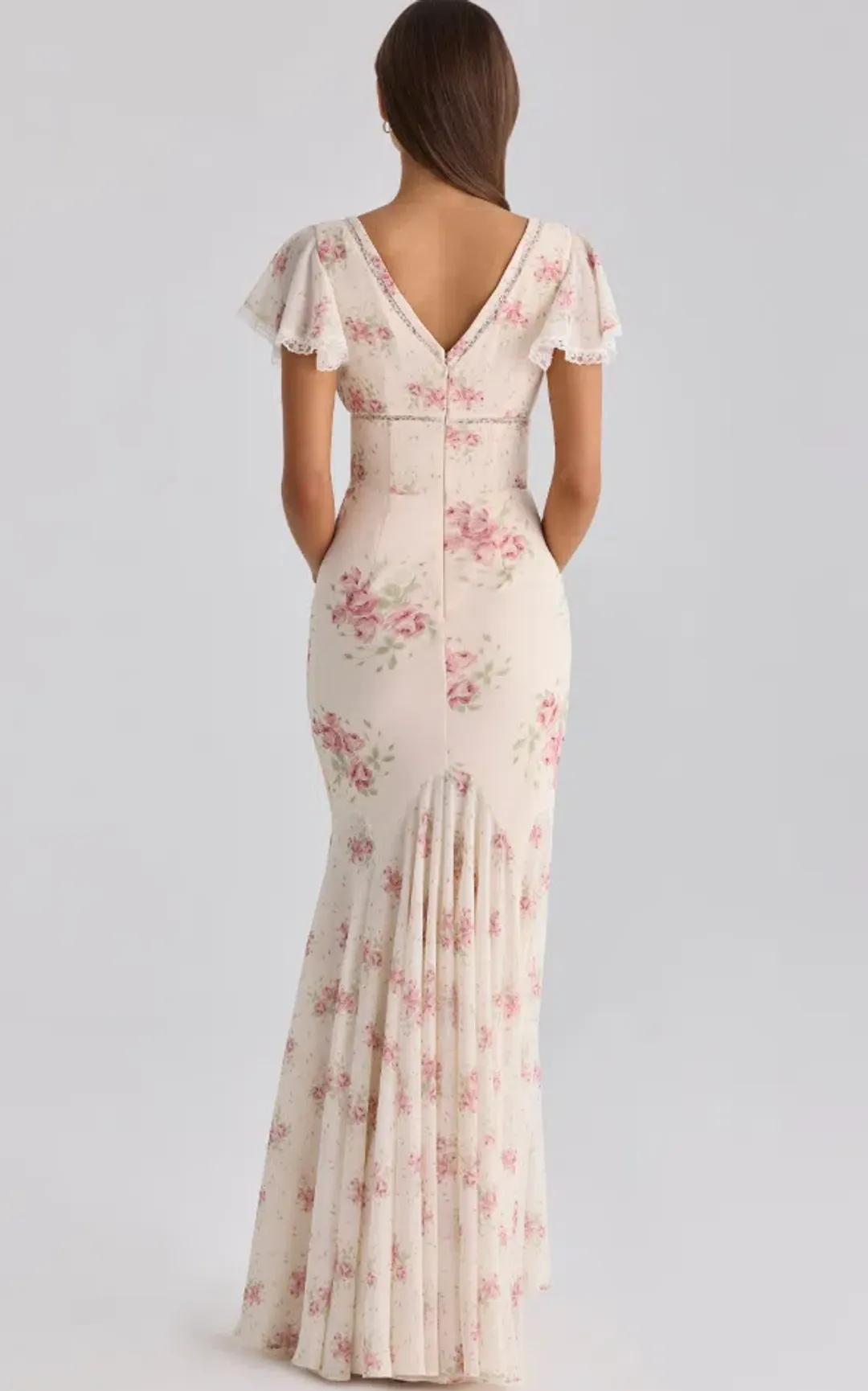 House of CB Amina ivory vintage rose print georgette maxi tea dress Size S for rent on The Volte - main image