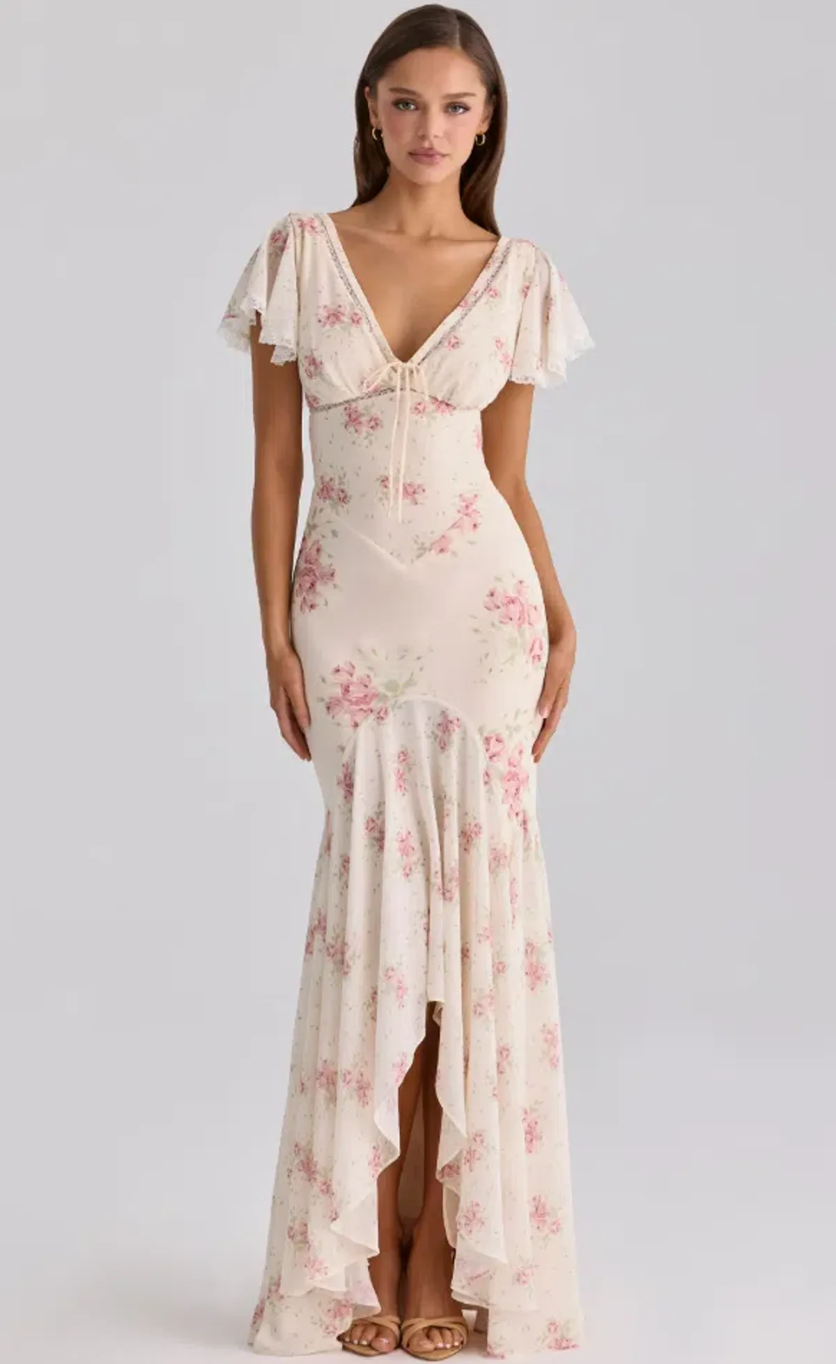 House of CB Amina ivory vintage rose print georgette maxi tea dress Size S for rent on The Volte - main image