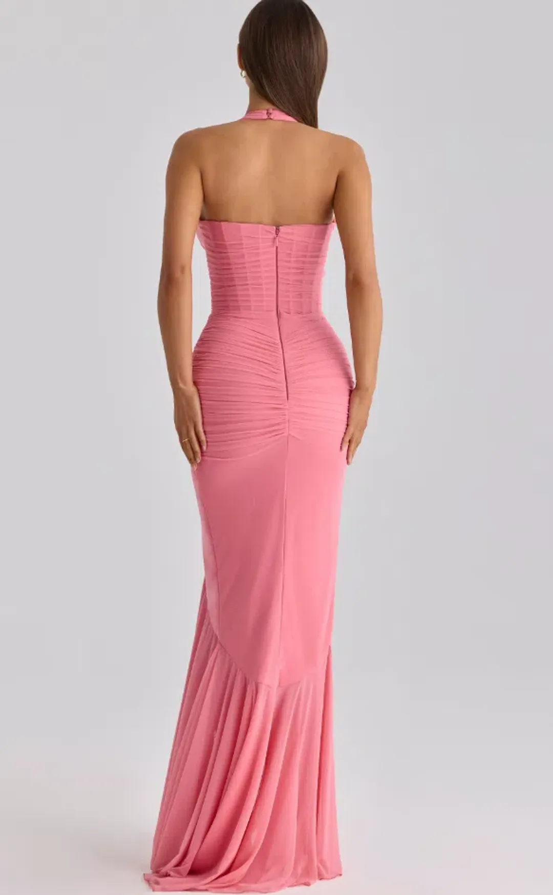 House of CB Carmine raspberry mesh halter neck waterfall maxi dress Regular Cup Size L for rent on The Volte - main image