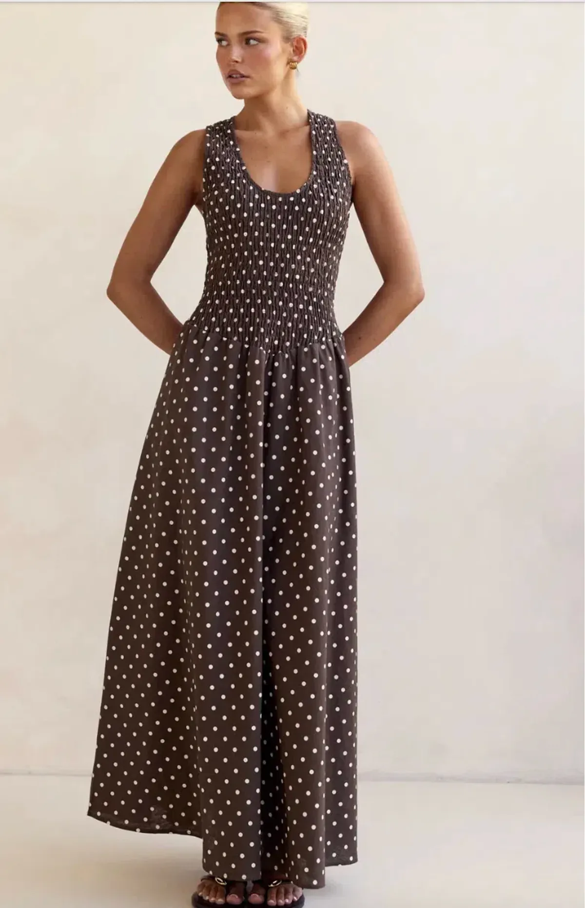 Runway Scout Annalee Maxi Dress (Chocolate Polka Dota) Size XS (6) for rent on The Volte - main image