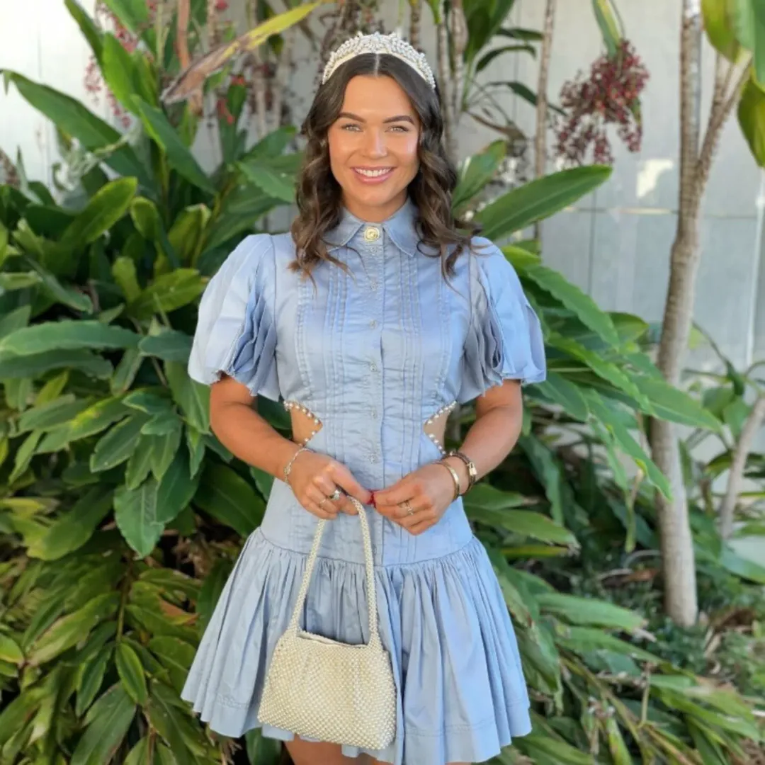 AJE Mythos Pearl Waist Mini Dress Size 8 for rent on The Volte - main image