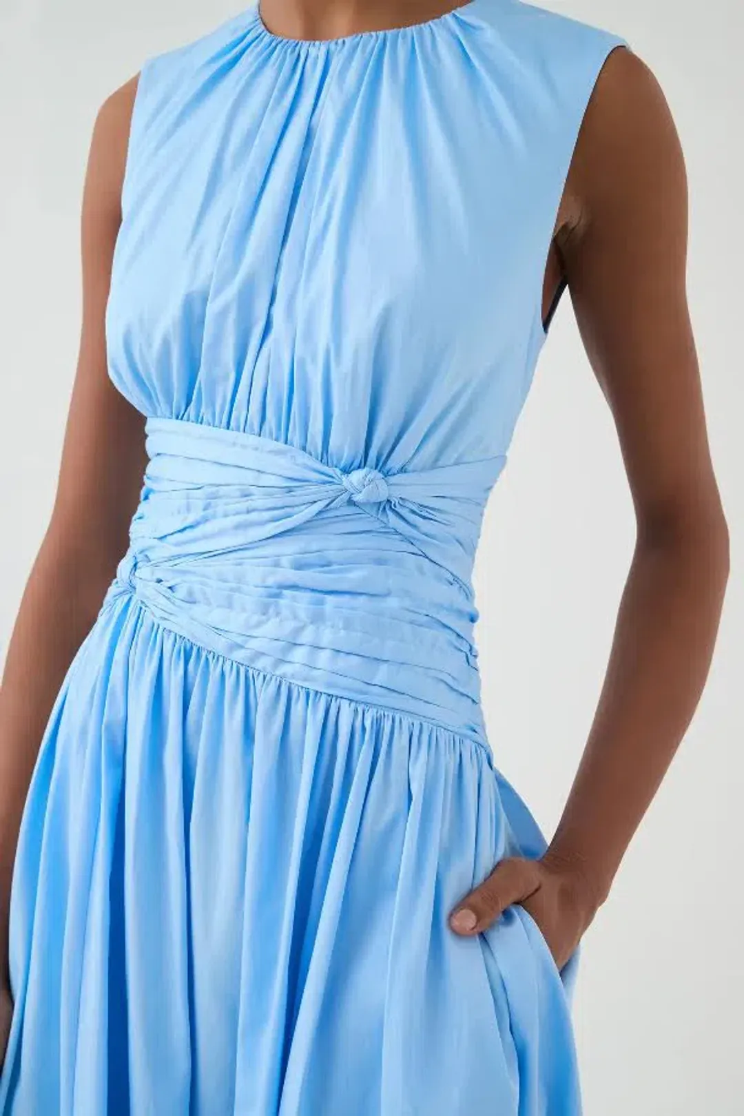💙 AJE Agatha Knot Sleeveless Midi Dress – Powder Blue – Size 12 AU 💙 Satin Sheen for rent on The Volte - main image